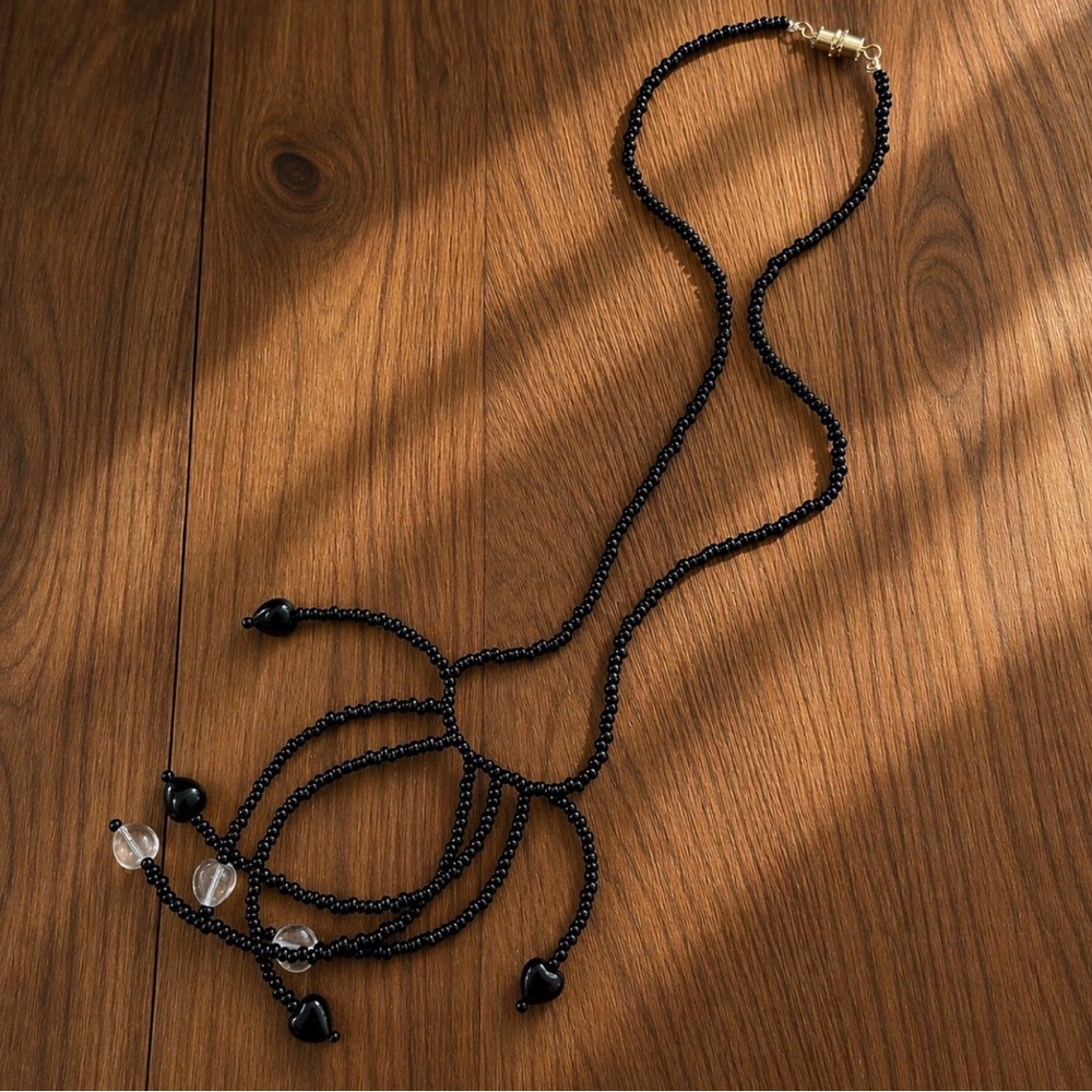 Vintage Black Beaded Fringe Necklace Glass Boho Statement 90s